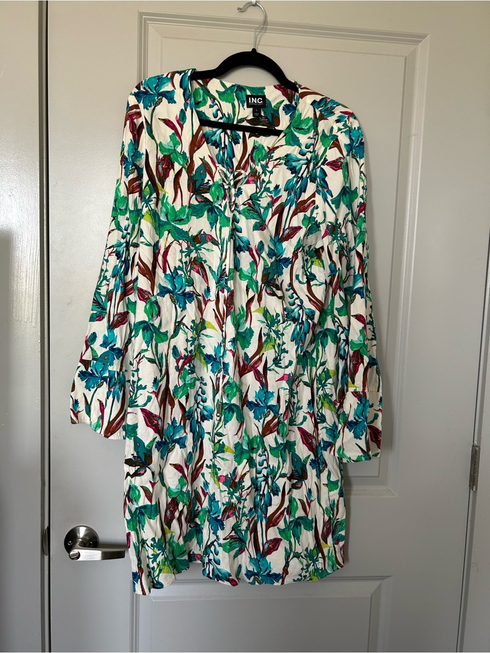 INC Floral Tunic Dress in White with Teal & Green Print